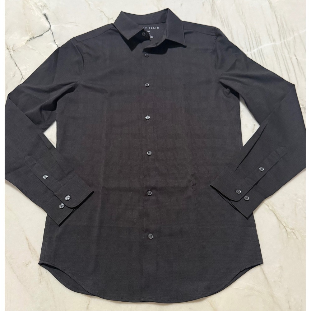 Perry Ellis Mens Slim Fit Stretch Button Down Shirt Black Tonal Check Small